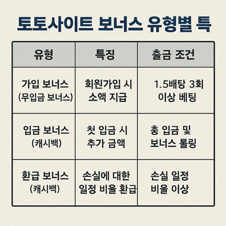 토토사이트 보너스 유형별 특징 정리 도표